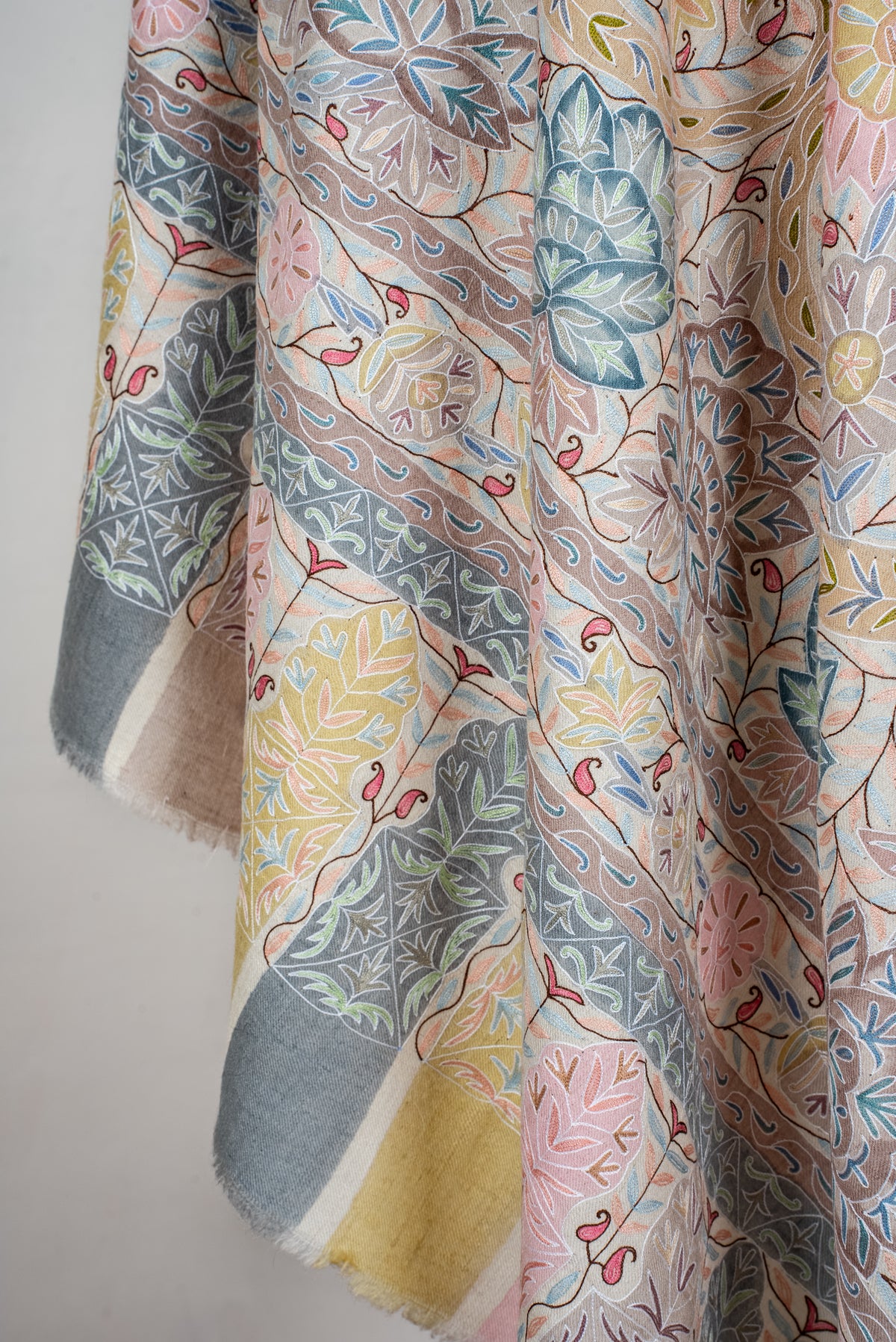Pastel Meadow Elegance: Pure Pashmina Kalamkari Hand Embroidered Shawl