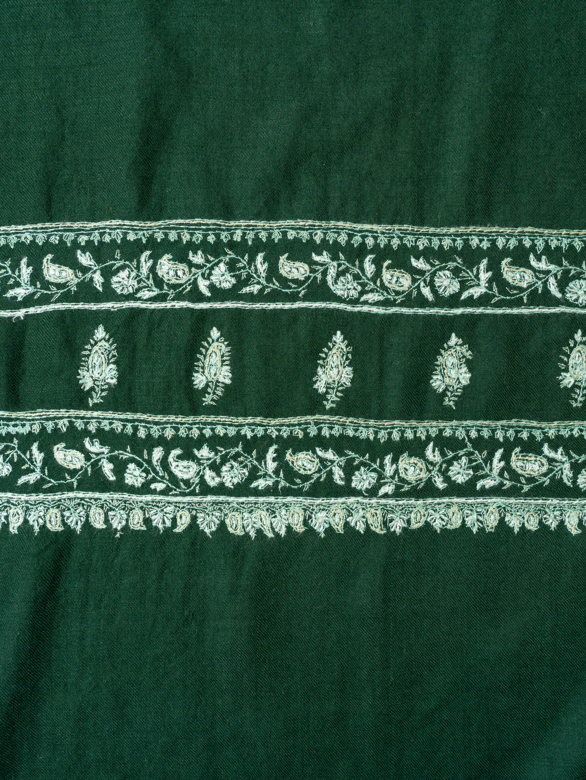 Emerald Heritage Fine Merino Wool Shawl with Ivory Sozni Hand Embroidered Borders