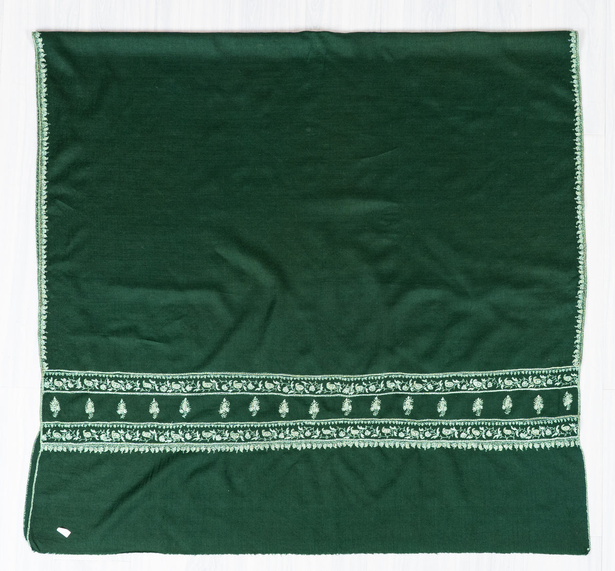 Emerald Heritage Fine Merino Wool Shawl with Ivory Sozni Hand Embroidered Borders