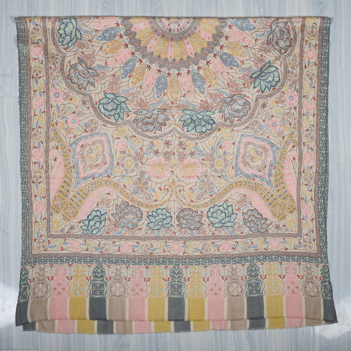 Pastel Meadow Elegance: Pure Pashmina Kalamkari Hand Embroidered Shawl
