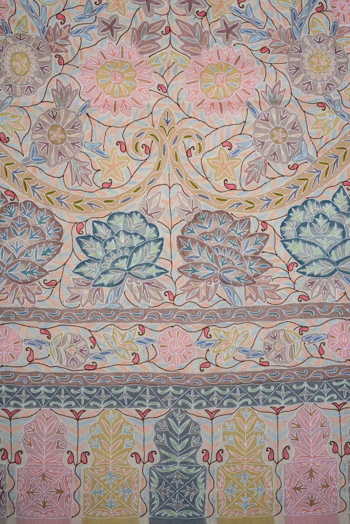 Pastel Meadow Elegance: Pure Pashmina Kalamkari Hand Embroidered Shawl