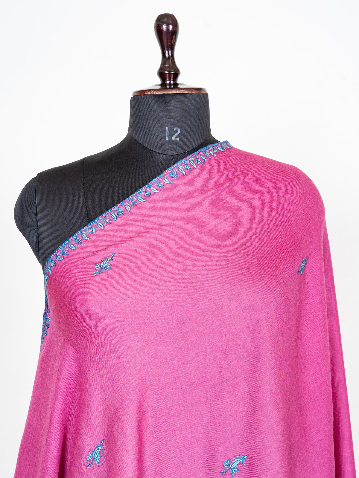 Roseberry Charm Fine Merino Wool Shawl with Teal Sozni Hand Embroidered Accents