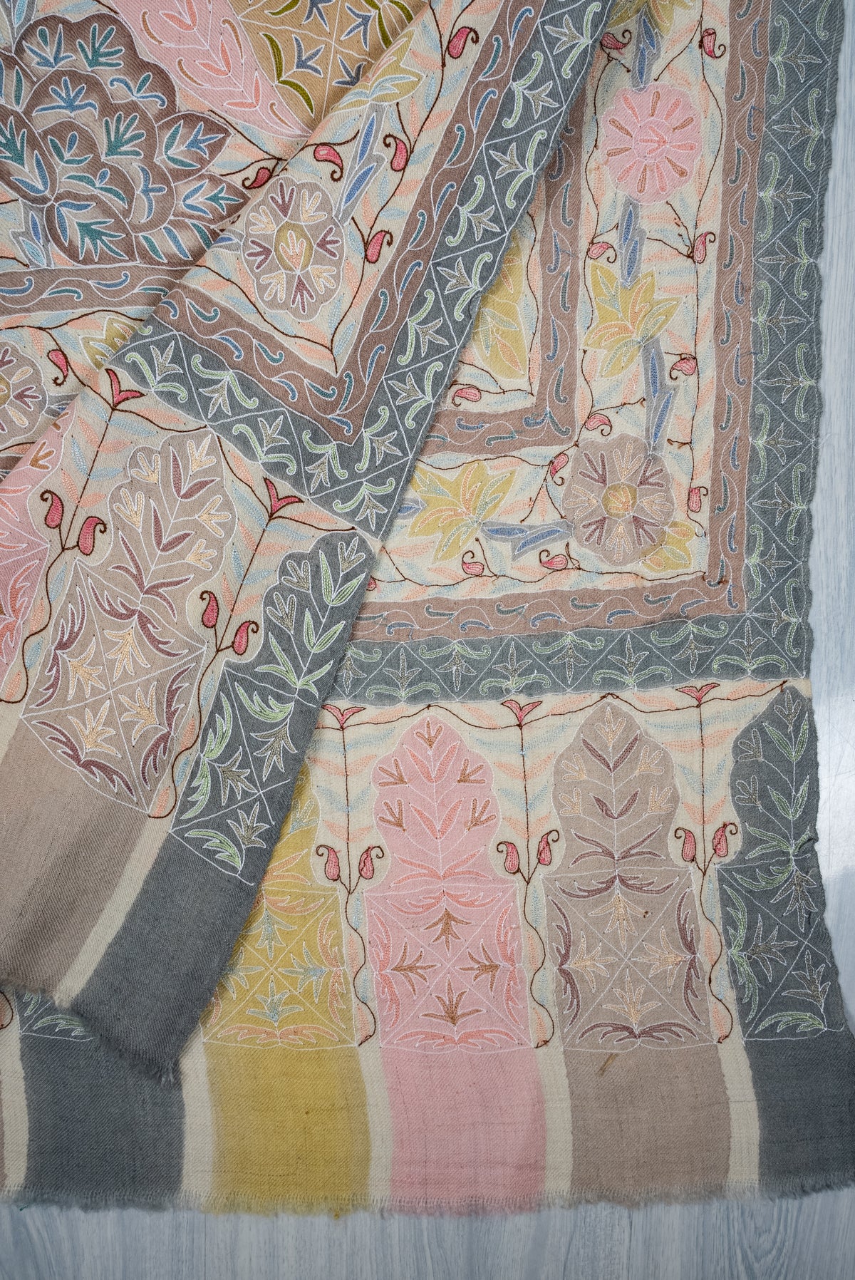 Pastel Meadow Elegance: Pure Pashmina Kalamkari Hand Embroidered Shawl