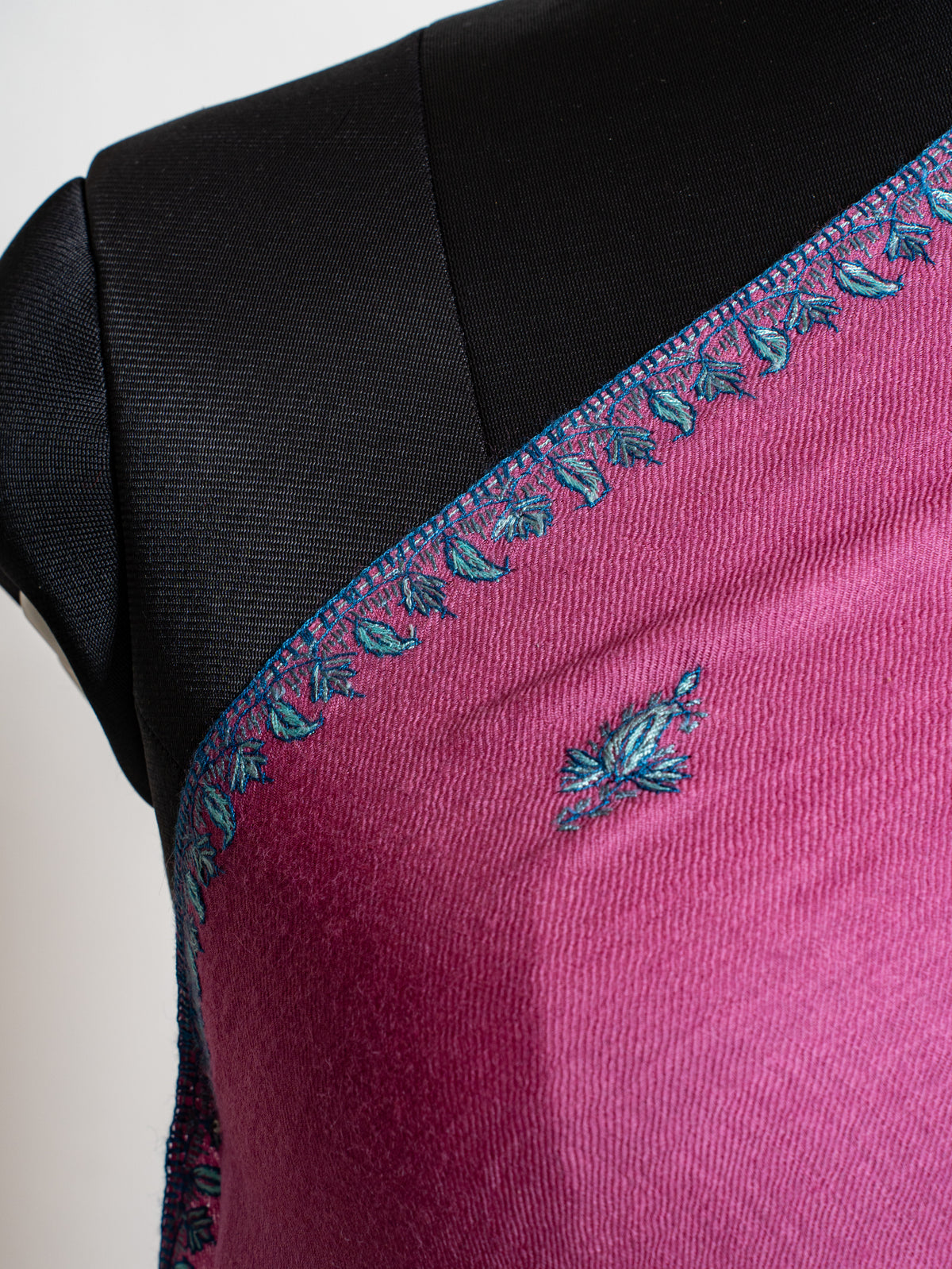 Roseberry Charm Fine Merino Wool Shawl with Teal Sozni Hand Embroidered Accents