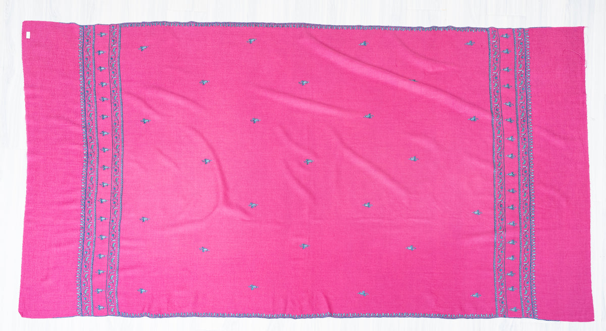 Roseberry Charm Fine Merino Wool Shawl with Teal Sozni Hand Embroidered Accents