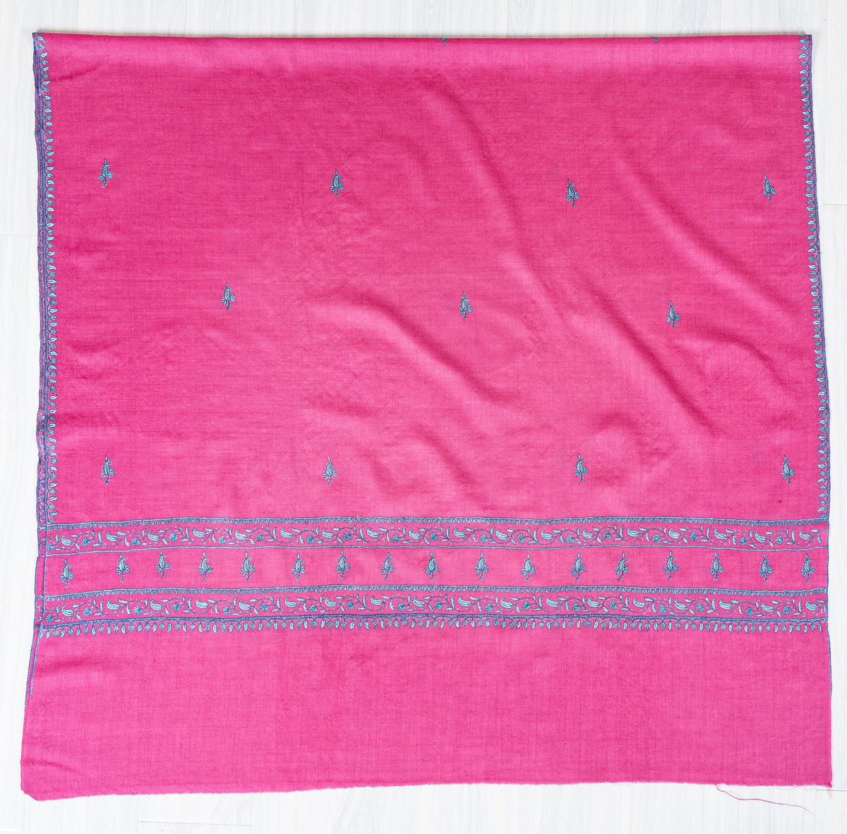 Roseberry Charm Fine Merino Wool Shawl with Teal Sozni Hand Embroidered Accents