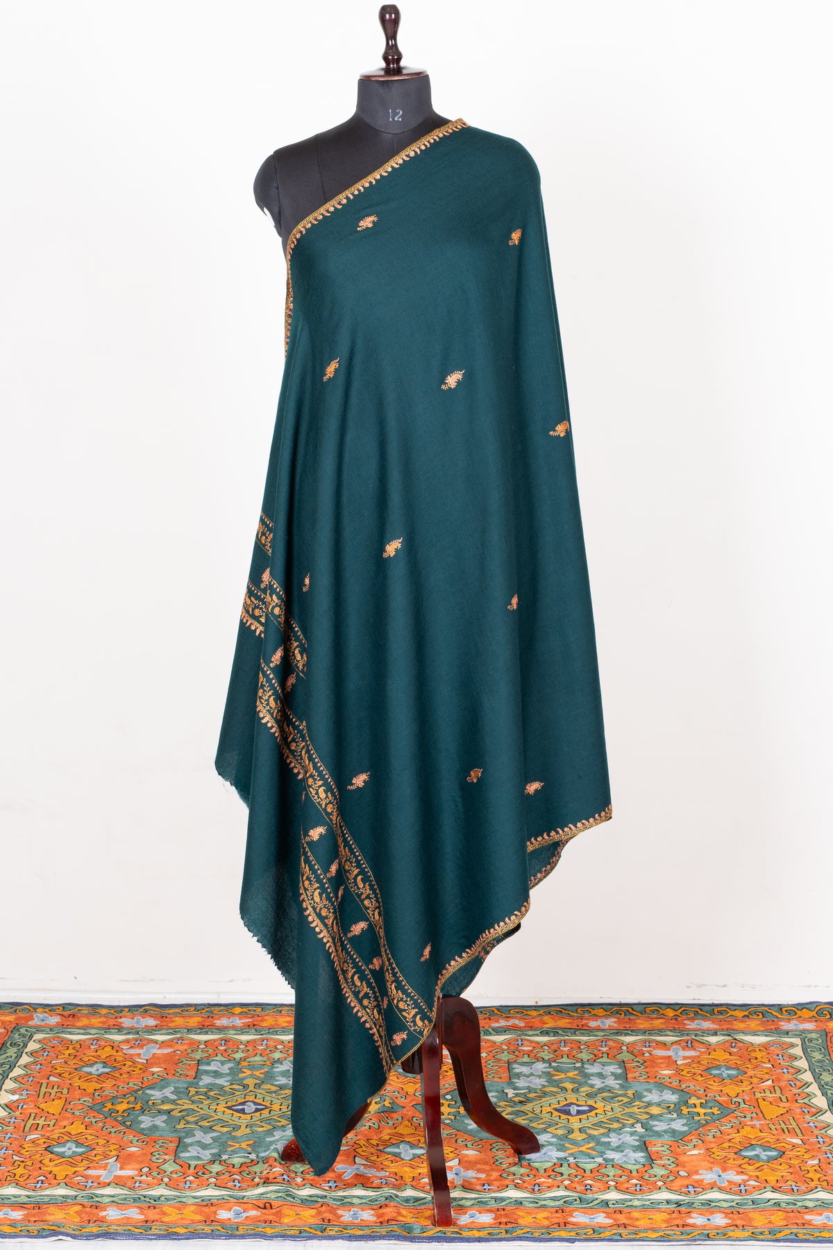 Deep Teal Fine Merino Wool Shawl with Golden Sozni Hand Embroidered Floral Borders