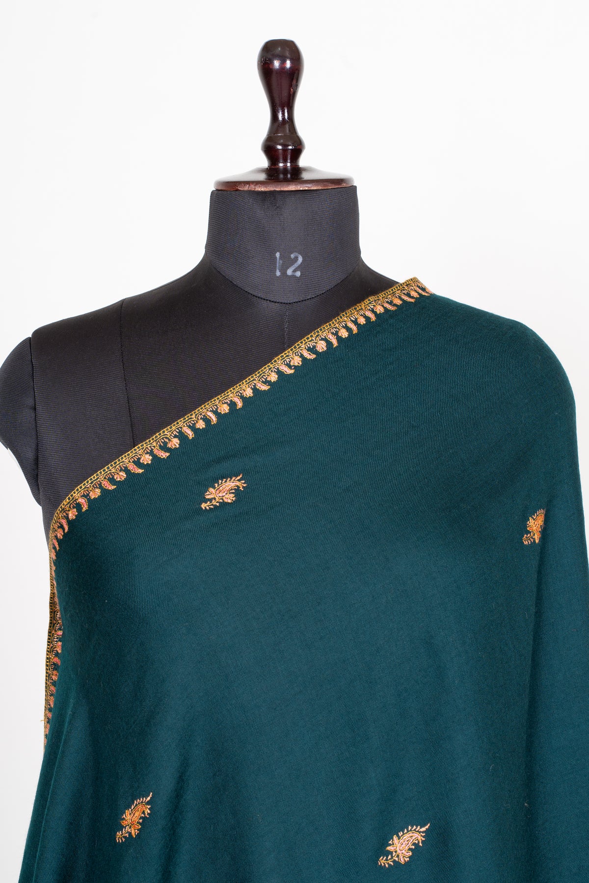 Deep Teal Fine Merino Wool Shawl with Golden Sozni Hand Embroidered Floral Borders