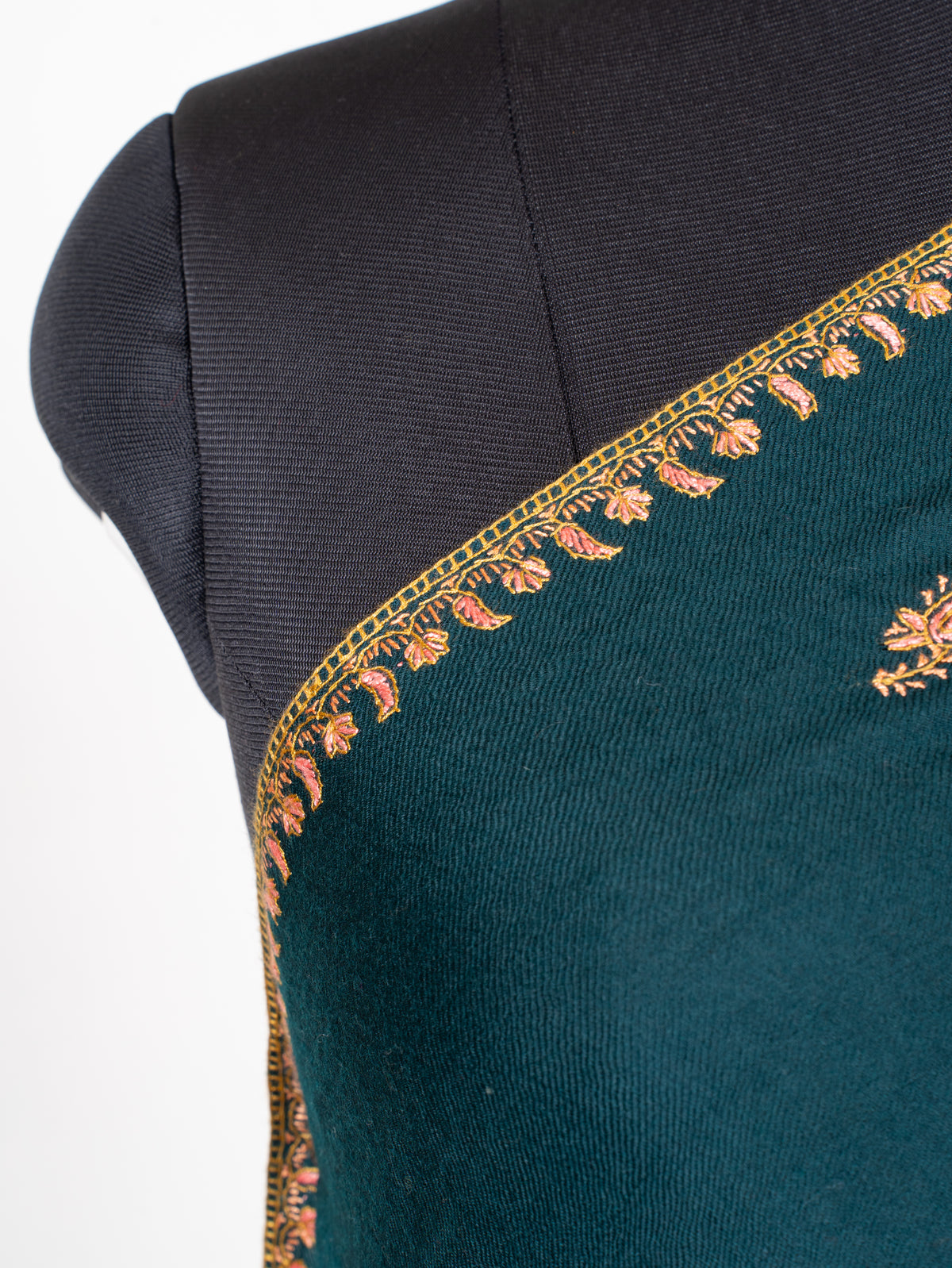 Deep Teal Fine Merino Wool Shawl with Golden Sozni Hand Embroidered Floral Borders