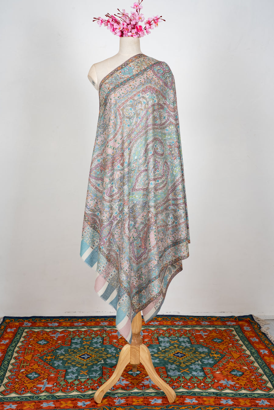 Celeste Paisley Bloom: Pure Pashmina Kalamkari Hand Embroidered Shawl