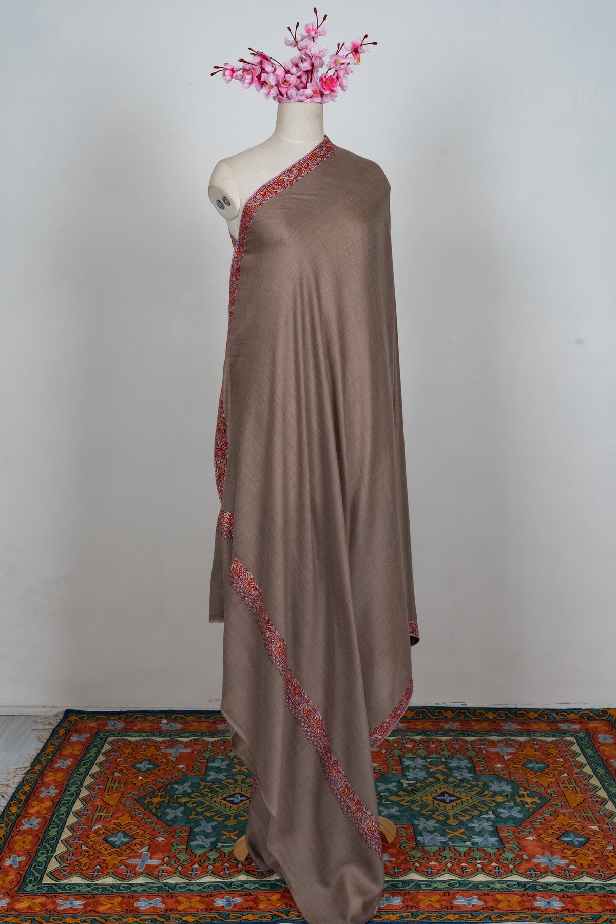 Sandstone Ember Edge: Merino wool 2.5 Yards Sozni Hand Embroidered Shawl