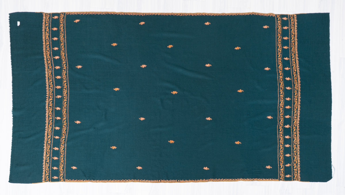 Deep Teal Fine Merino Wool Shawl with Golden Sozni Hand Embroidered Floral Borders