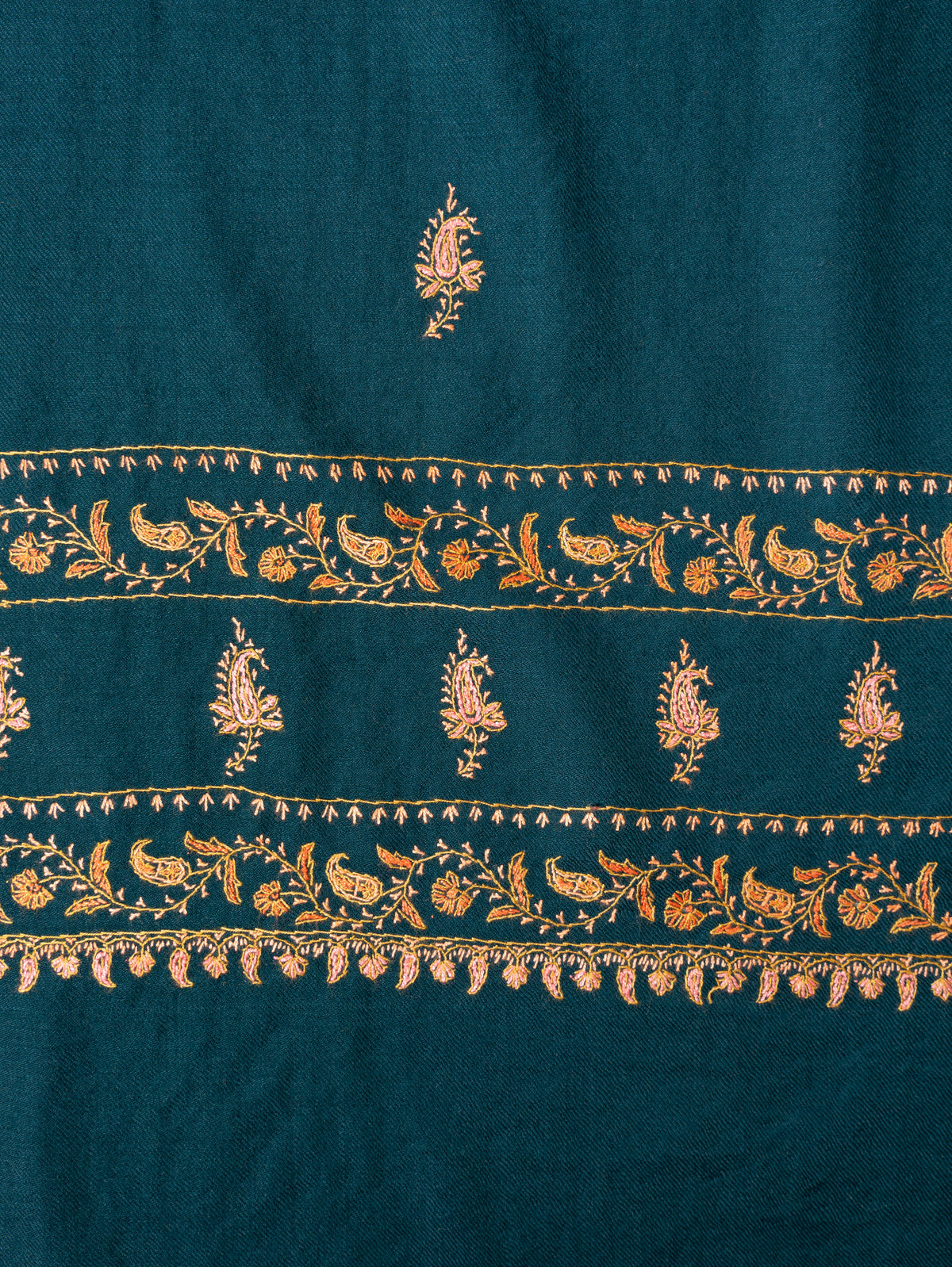 Deep Teal Fine Merino Wool Shawl with Golden Sozni Hand Embroidered Floral Borders
