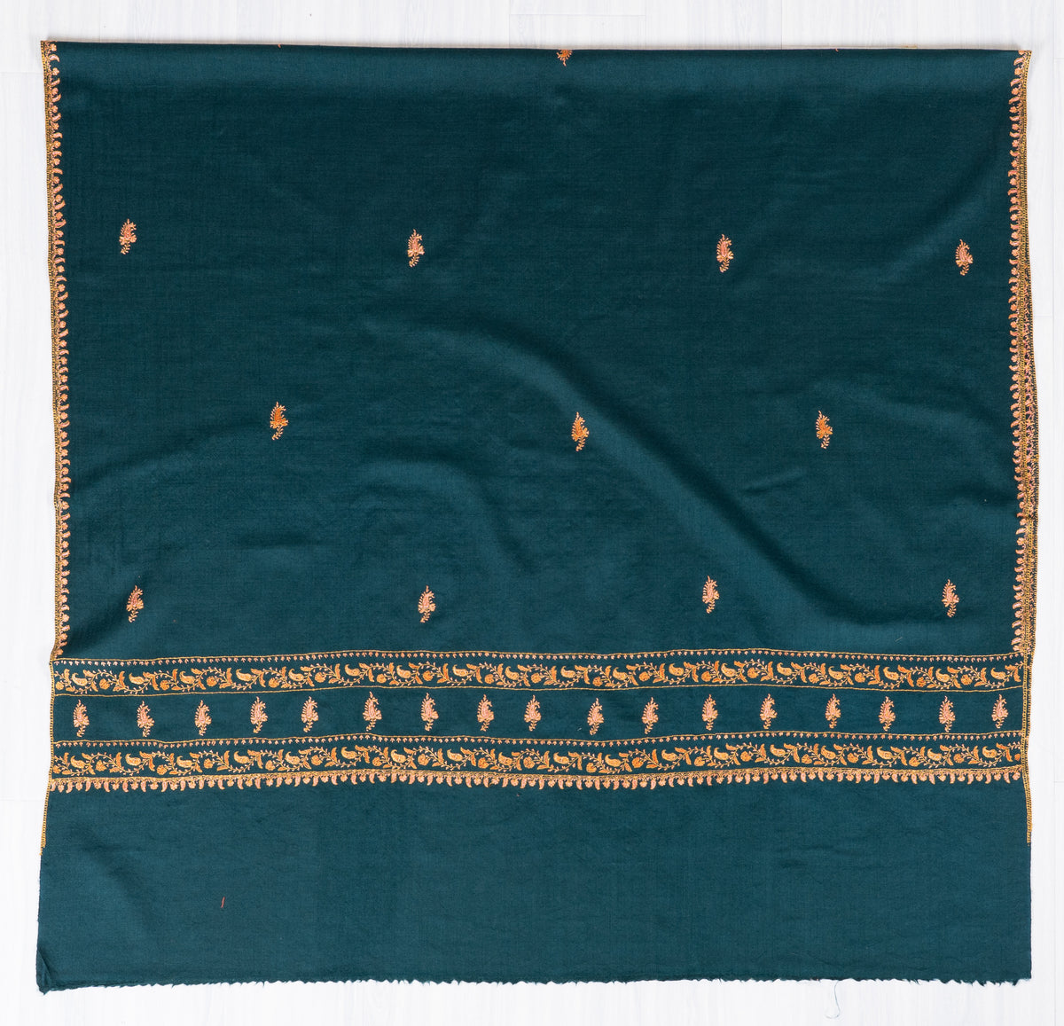 Deep Teal Fine Merino Wool Shawl with Golden Sozni Hand Embroidered Floral Borders