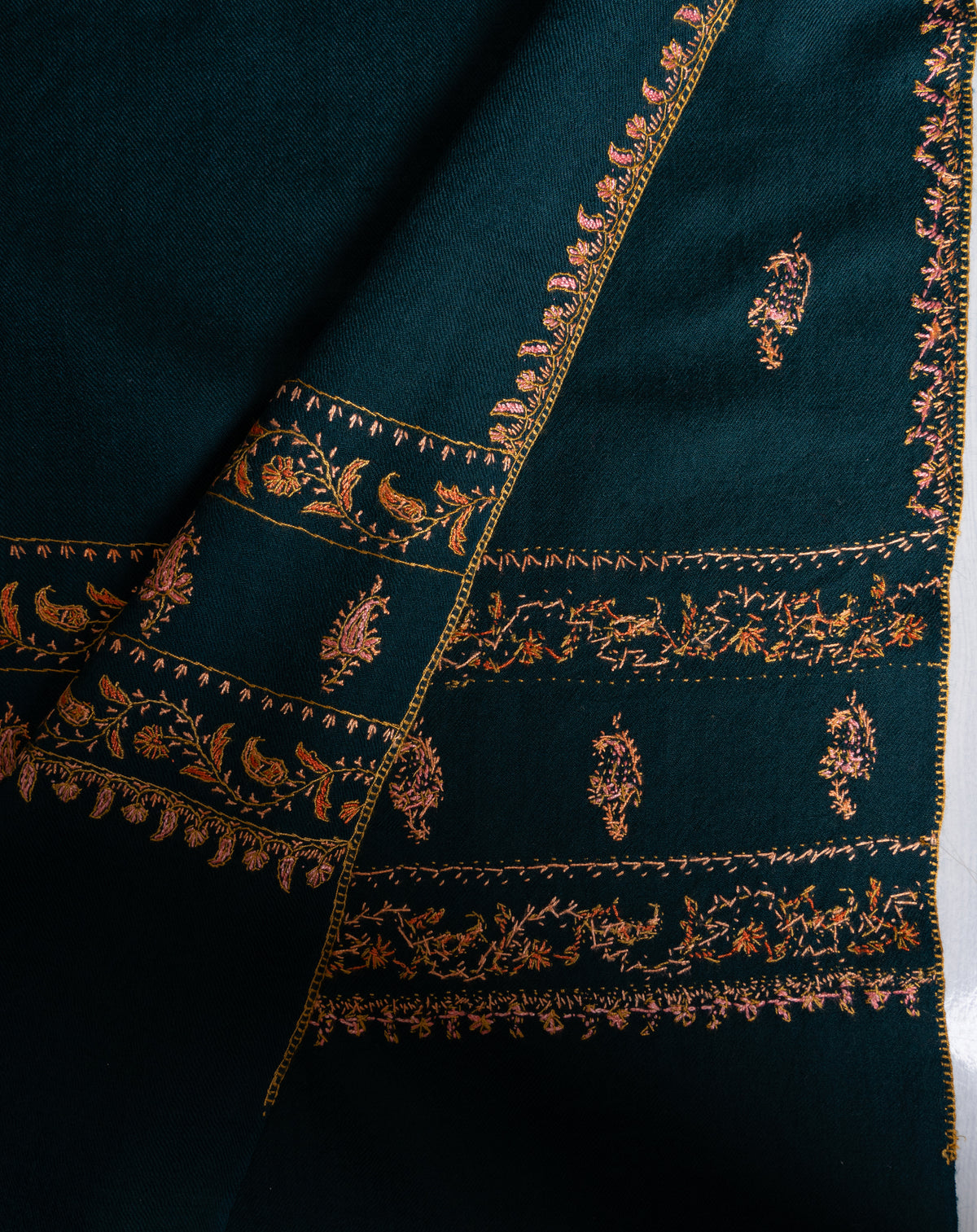 Deep Teal Fine Merino Wool Shawl with Golden Sozni Hand Embroidered Floral Borders