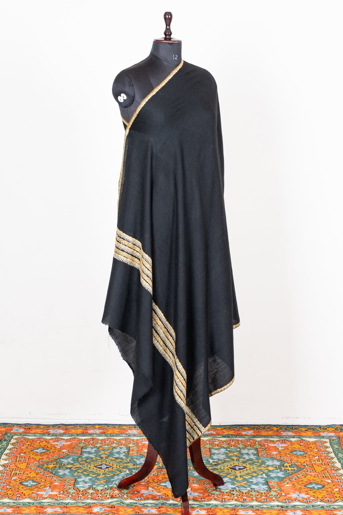 Midnight Noir Fine Merino Wool Shawl with Golden Sozni Hand Embroidered Stripes
