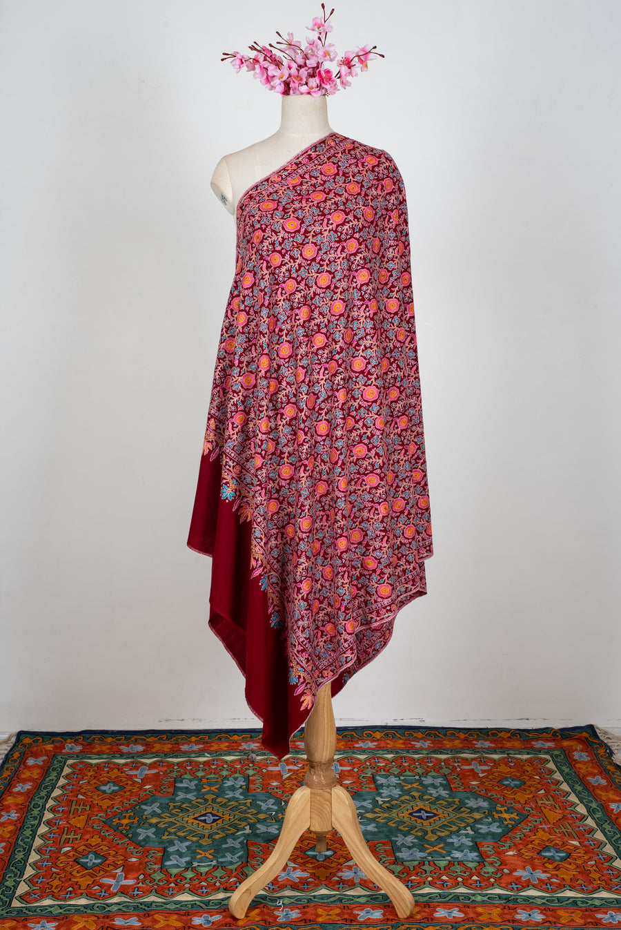 Ruby Garden Royale: Pure Pashmina Hand Embroidered Shawl