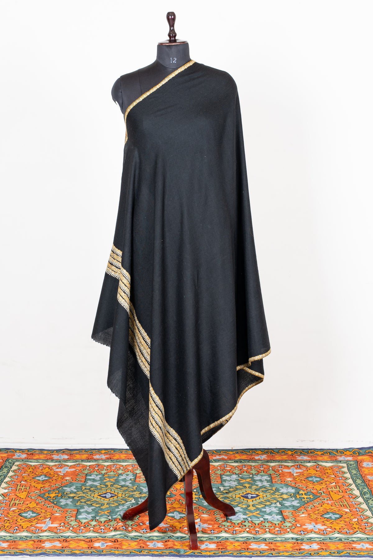 Midnight Noir Fine Merino Wool Shawl with Golden Sozni Hand Embroidered Stripes
