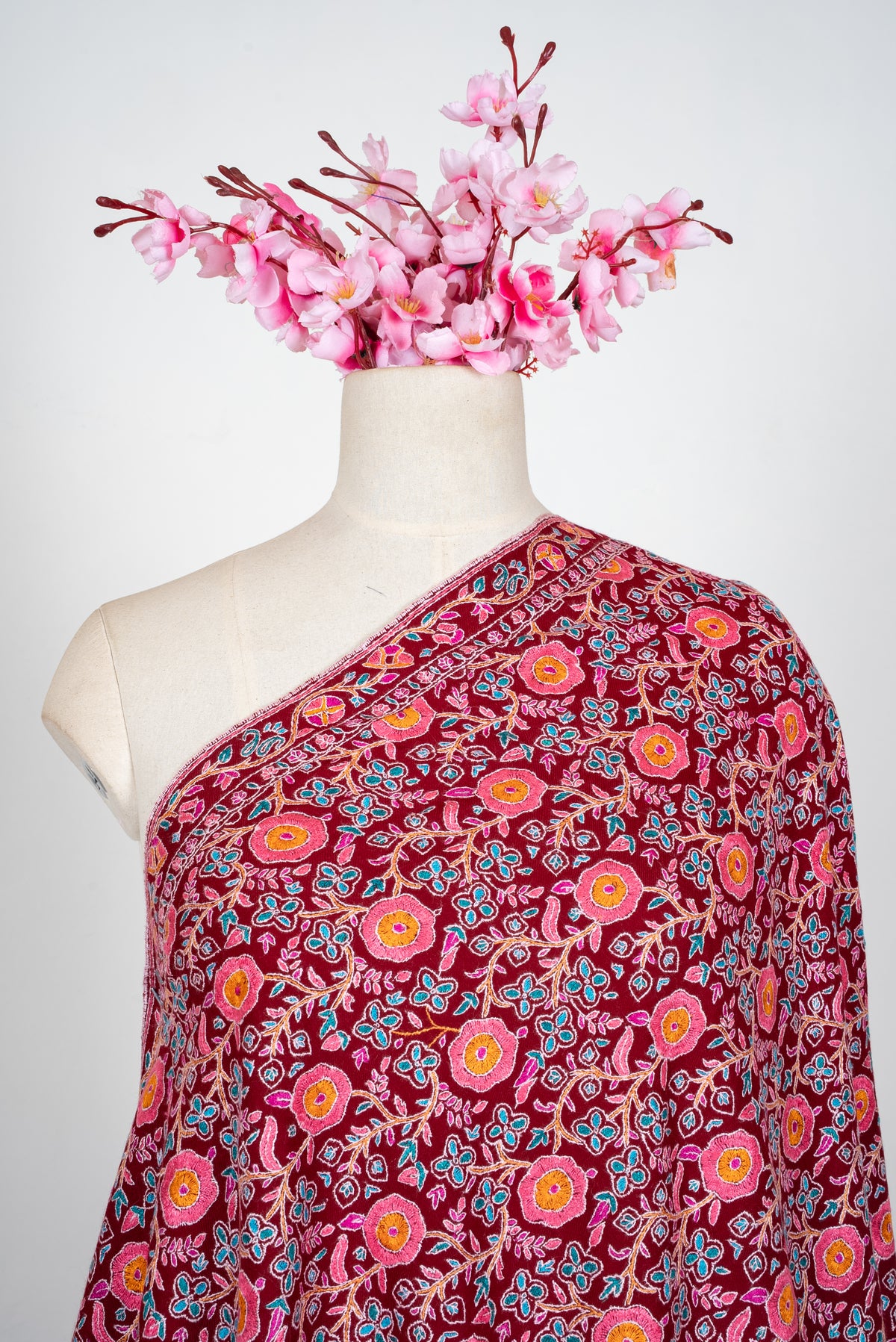 Ruby Garden Royale: Pure Pashmina Hand Embroidered Shawl
