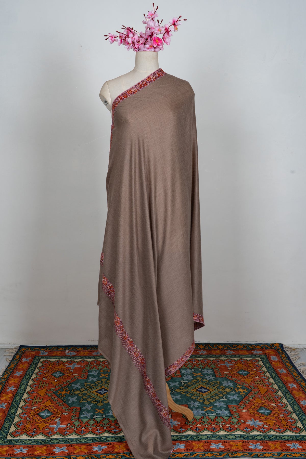 Sandstone Ember Edge: Merino wool 2.5 Yards Sozni Hand Embroidered Shawl