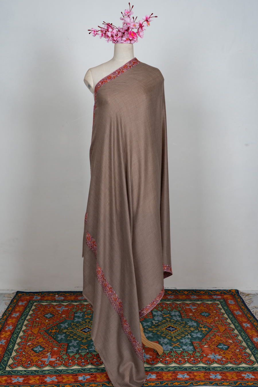 Sandstone Ember Edge: Merino wool 2.5 Yards Sozni Hand Embroidered Shawl