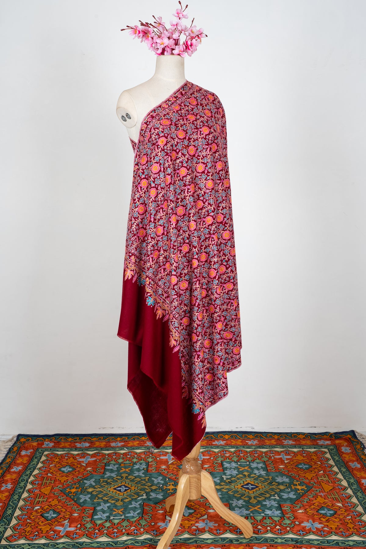 Ruby Garden Royale: Pure Pashmina Hand Embroidered Shawl