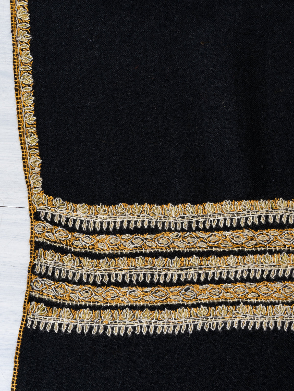 Midnight Noir Fine Merino Wool Shawl with Golden Sozni Hand Embroidered Stripes