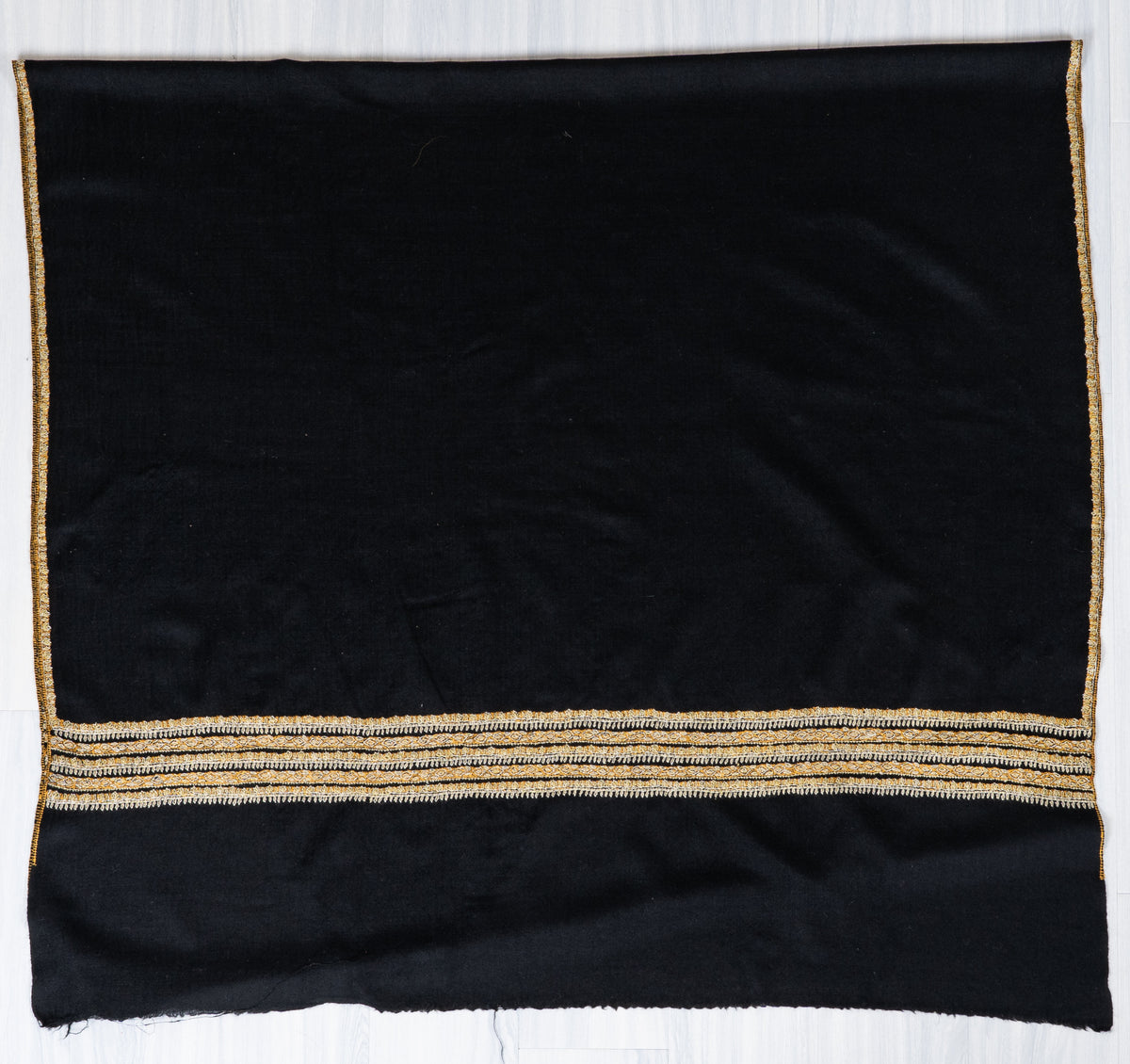 Midnight Noir Fine Merino Wool Shawl with Golden Sozni Hand Embroidered Stripes