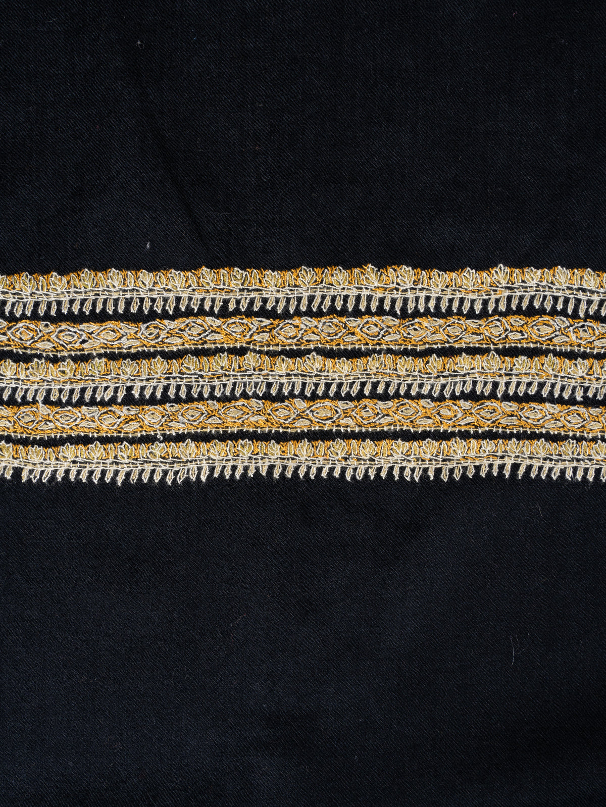 Midnight Noir Fine Merino Wool Shawl with Golden Sozni Hand Embroidered Stripes