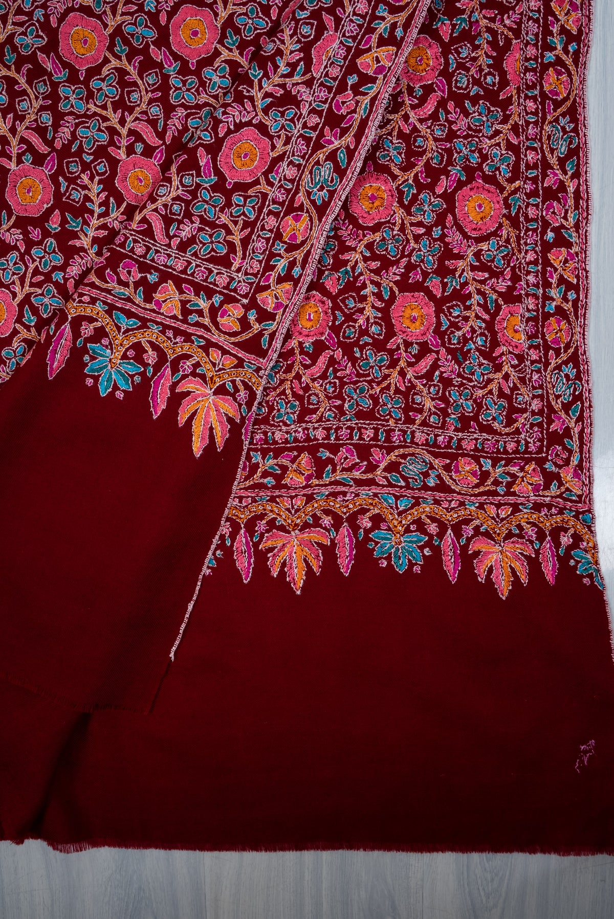 Ruby Garden Royale: Pure Pashmina Hand Embroidered Shawl