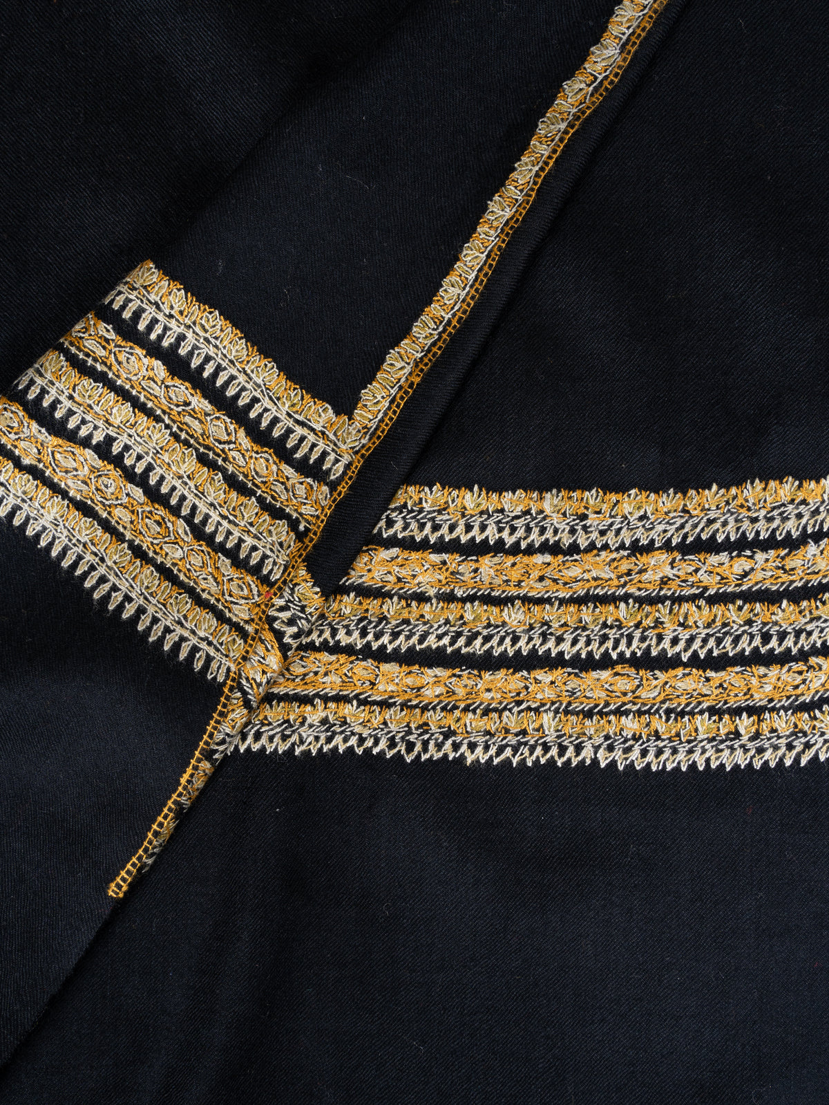 Midnight Noir Fine Merino Wool Shawl with Golden Sozni Hand Embroidered Stripes