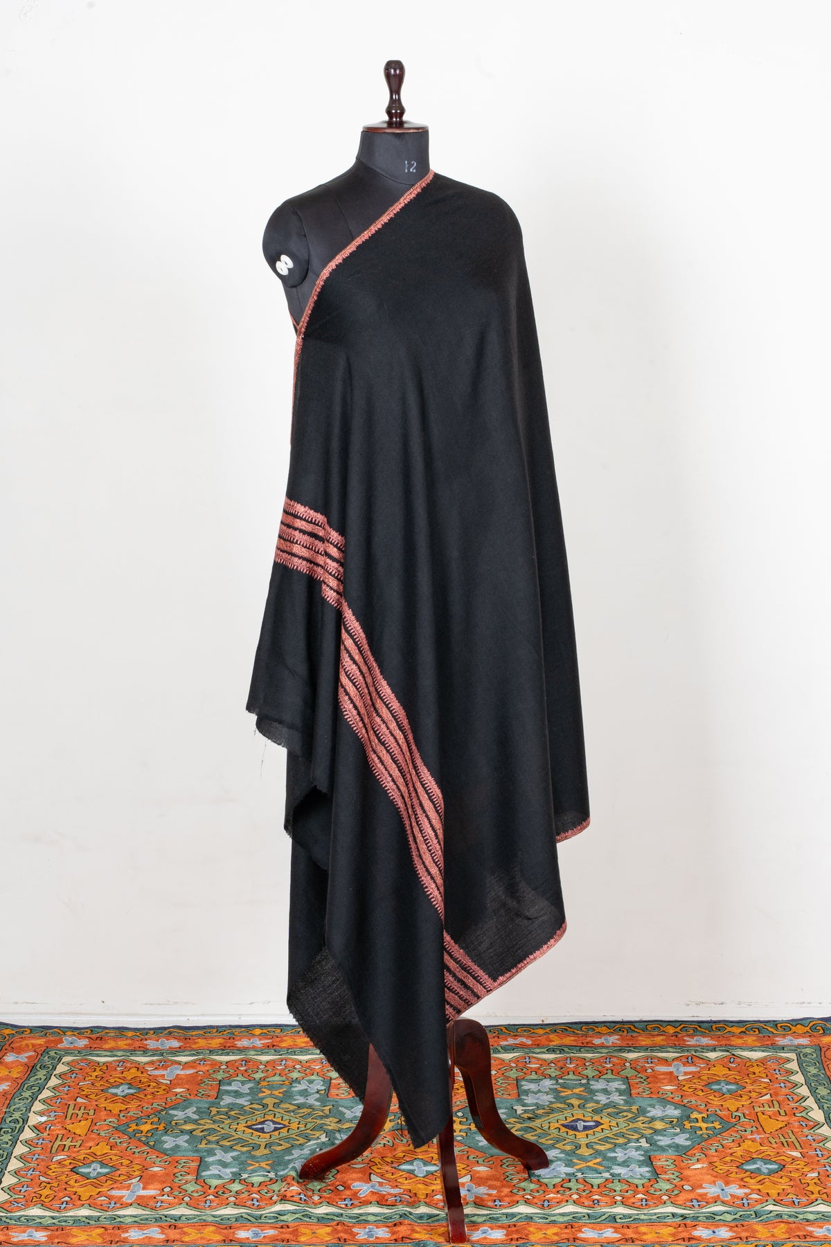 Noir Rose Fine Merino Wool Shawl with Coral Sozni Hand Embroidered Stripes
