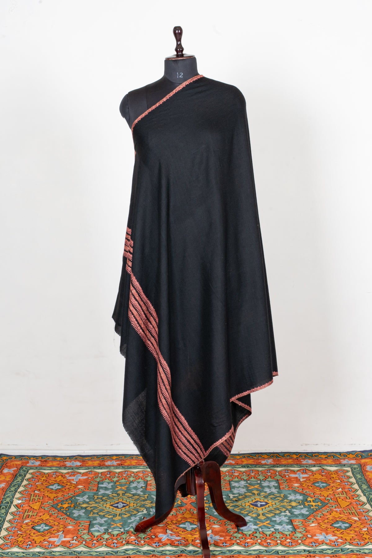 Noir Rose Fine Merino Wool Shawl with Coral Sozni Hand Embroidered Stripes