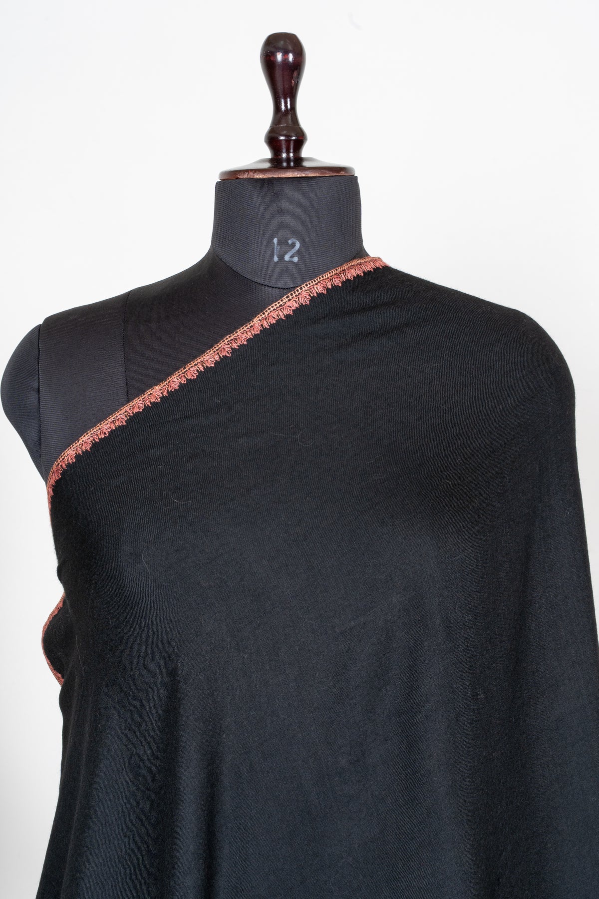 Noir Rose Fine Merino Wool Shawl with Coral Sozni Hand Embroidered Stripes