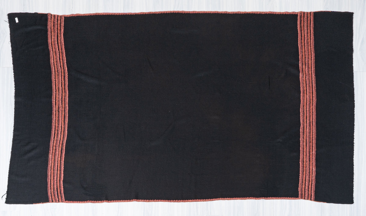 Noir Rose Fine Merino Wool Shawl with Coral Sozni Hand Embroidered Stripes