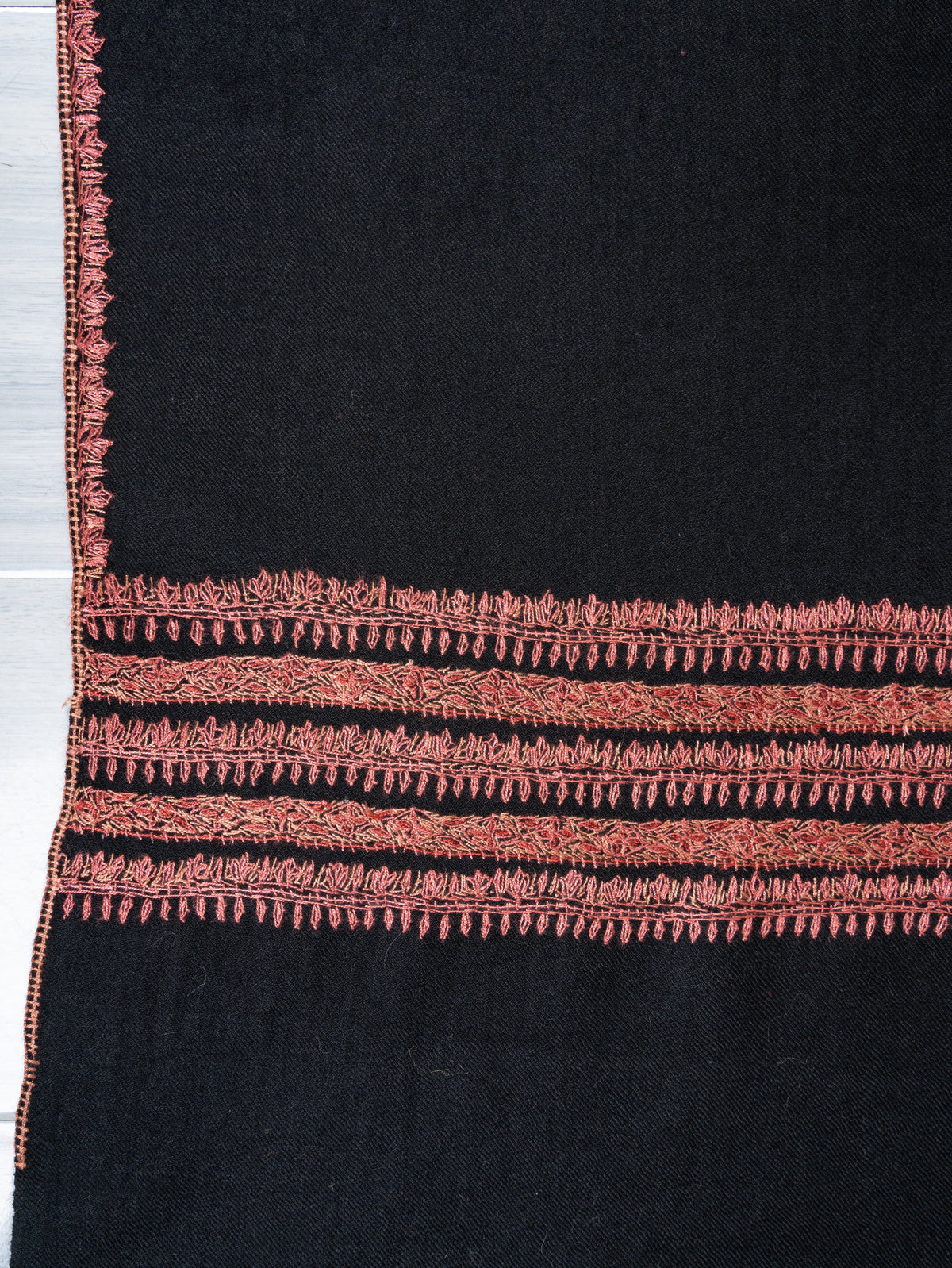 Noir Rose Fine Merino Wool Shawl with Coral Sozni Hand Embroidered Stripes
