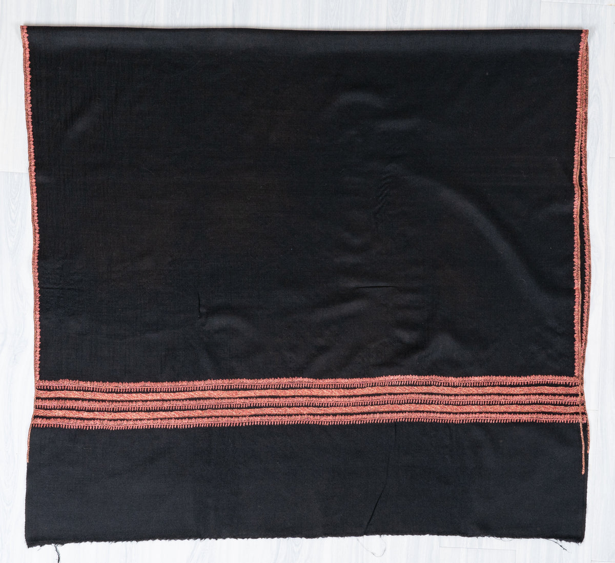Noir Rose Fine Merino Wool Shawl with Coral Sozni Hand Embroidered Stripes