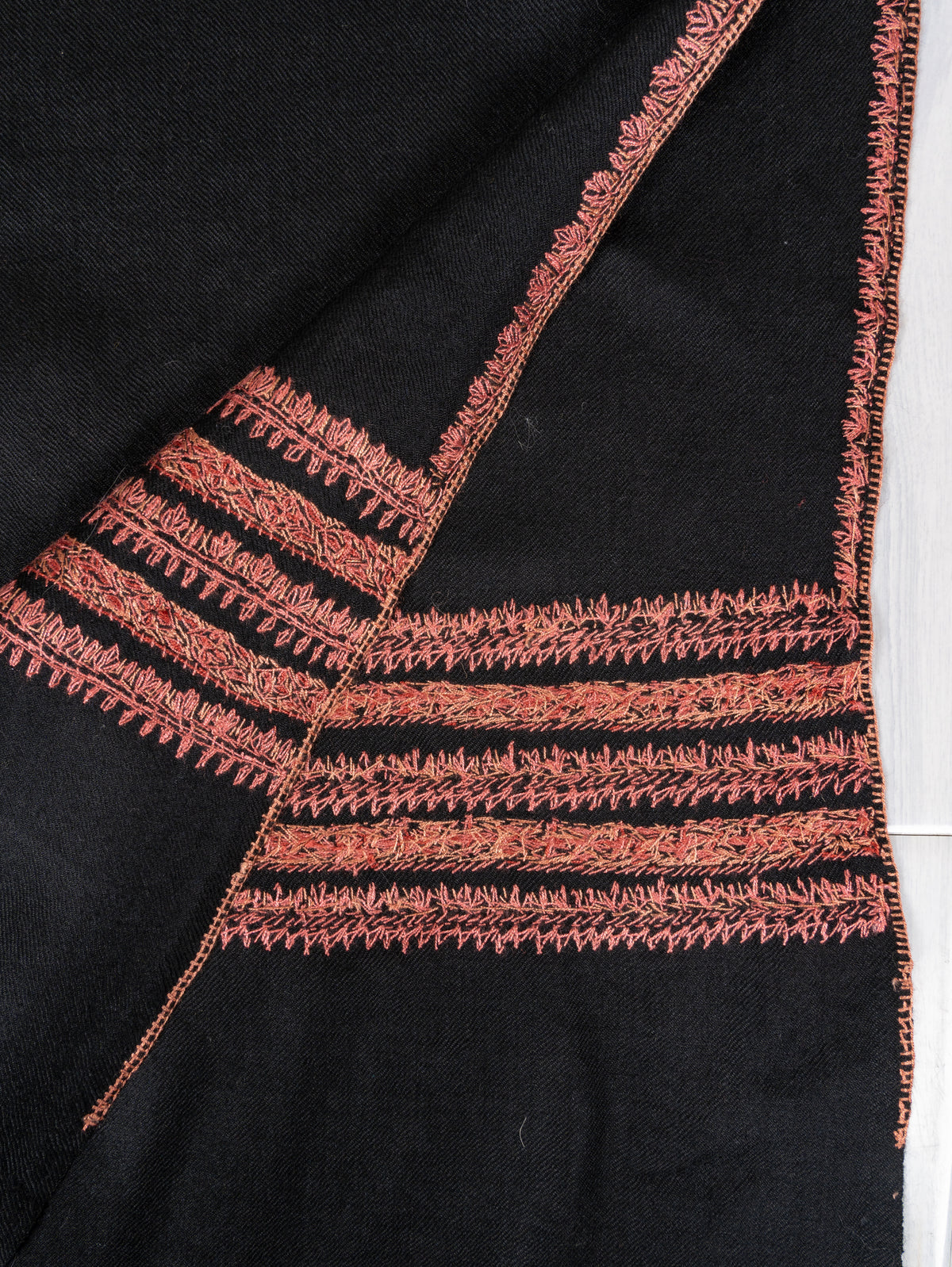 Noir Rose Fine Merino Wool Shawl with Coral Sozni Hand Embroidered Stripes