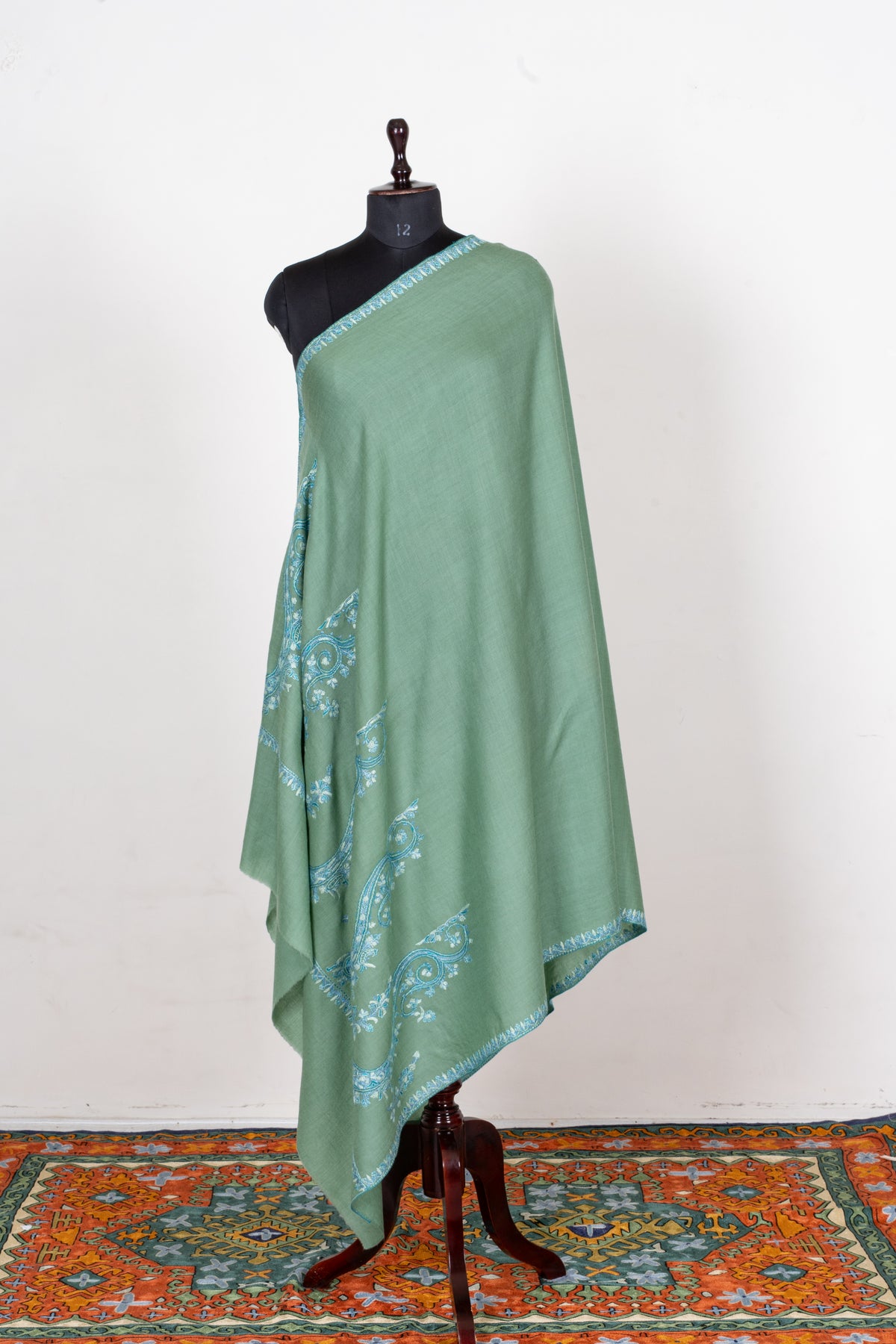 Sage Serenity Fine Merino Wool Shawl with Sky Blue Sozni Hand Embroidered Paisleys