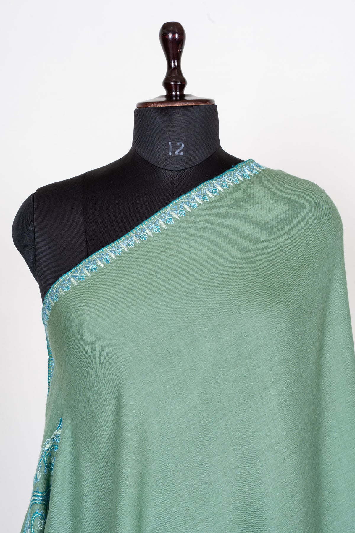 Sage Serenity Fine Merino Wool Shawl with Sky Blue Sozni Hand Embroidered Paisleys