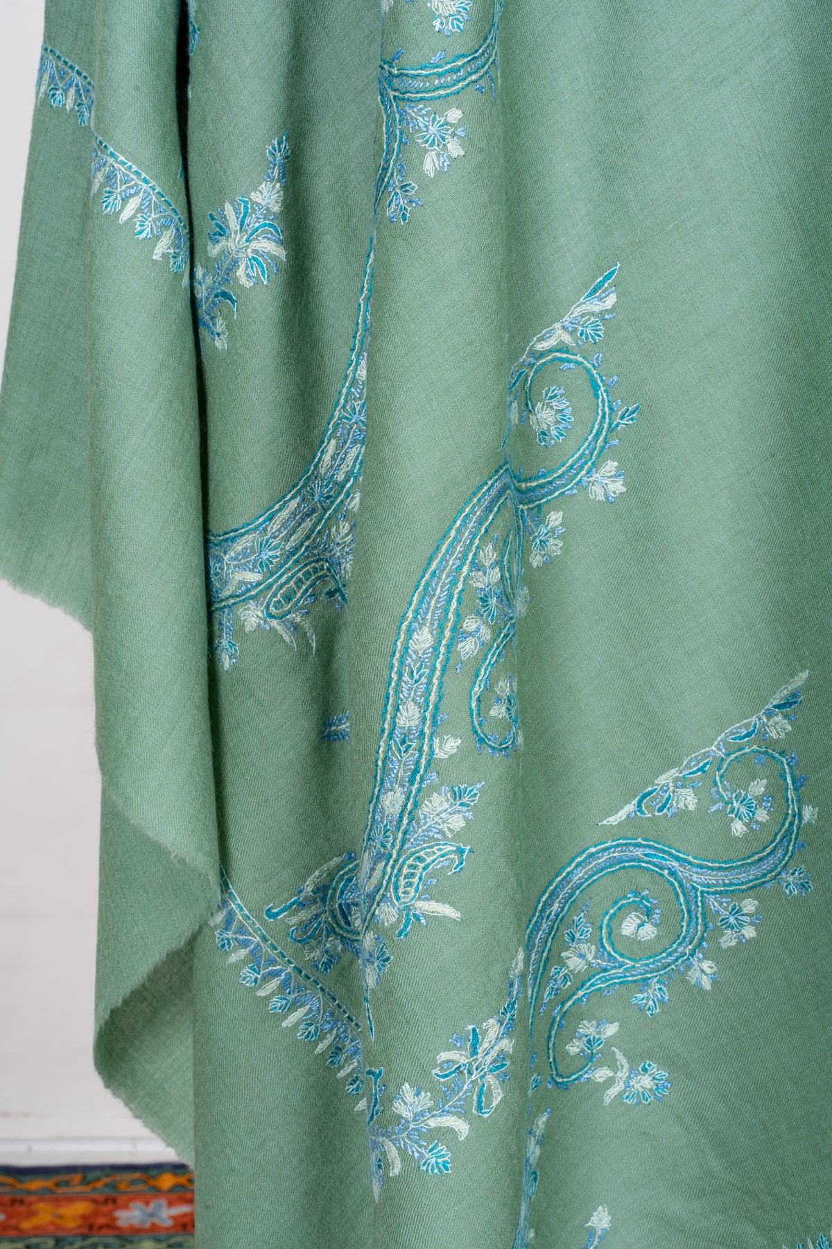 Sage Serenity Fine Merino Wool Shawl with Sky Blue Sozni Hand Embroidered Paisleys
