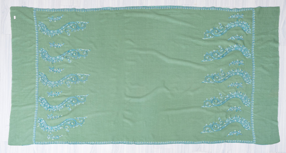 Sage Serenity Fine Merino Wool Shawl with Sky Blue Sozni Hand Embroidered Paisleys