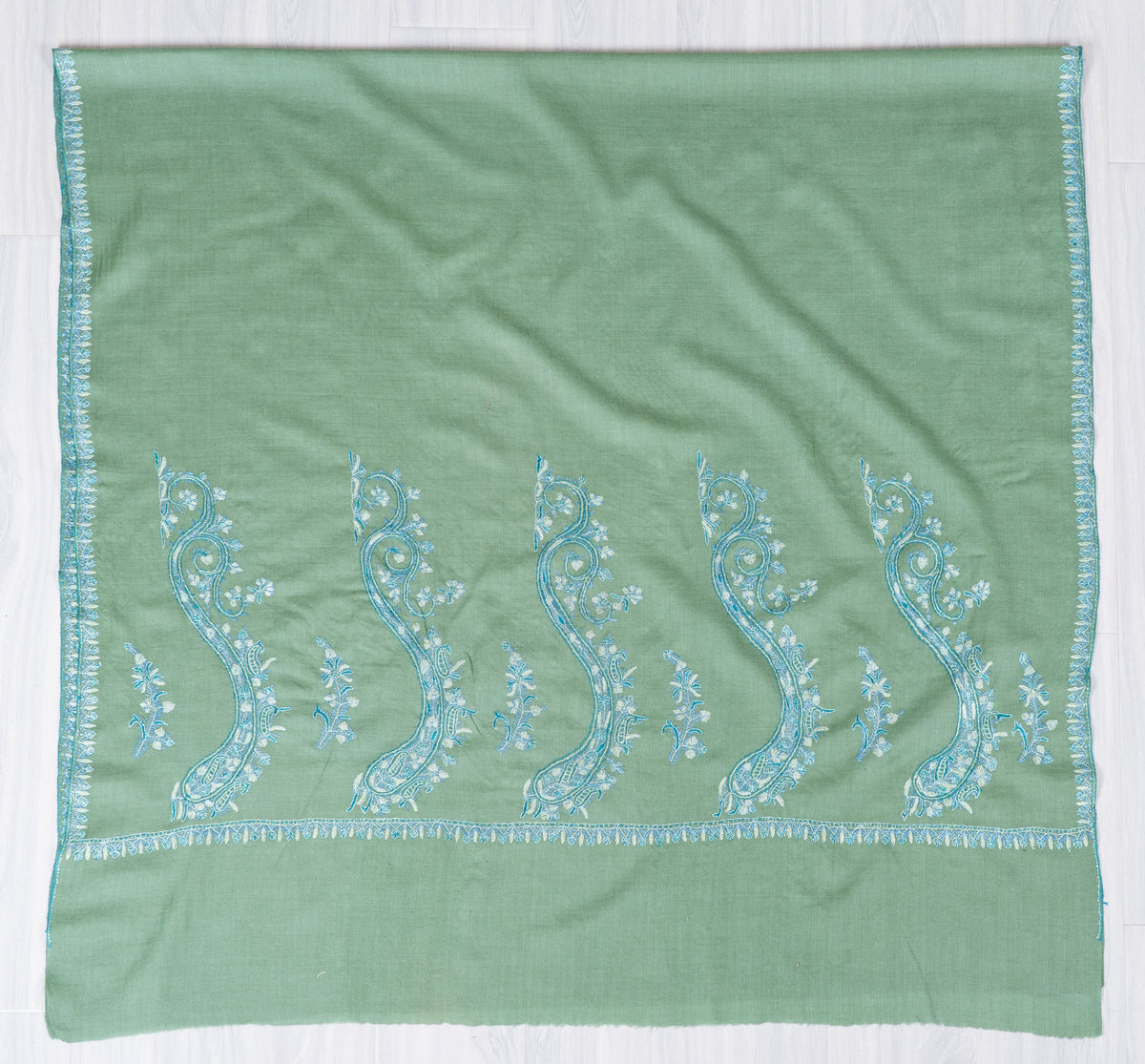 Sage Serenity Fine Merino Wool Shawl with Sky Blue Sozni Hand Embroidered Paisleys