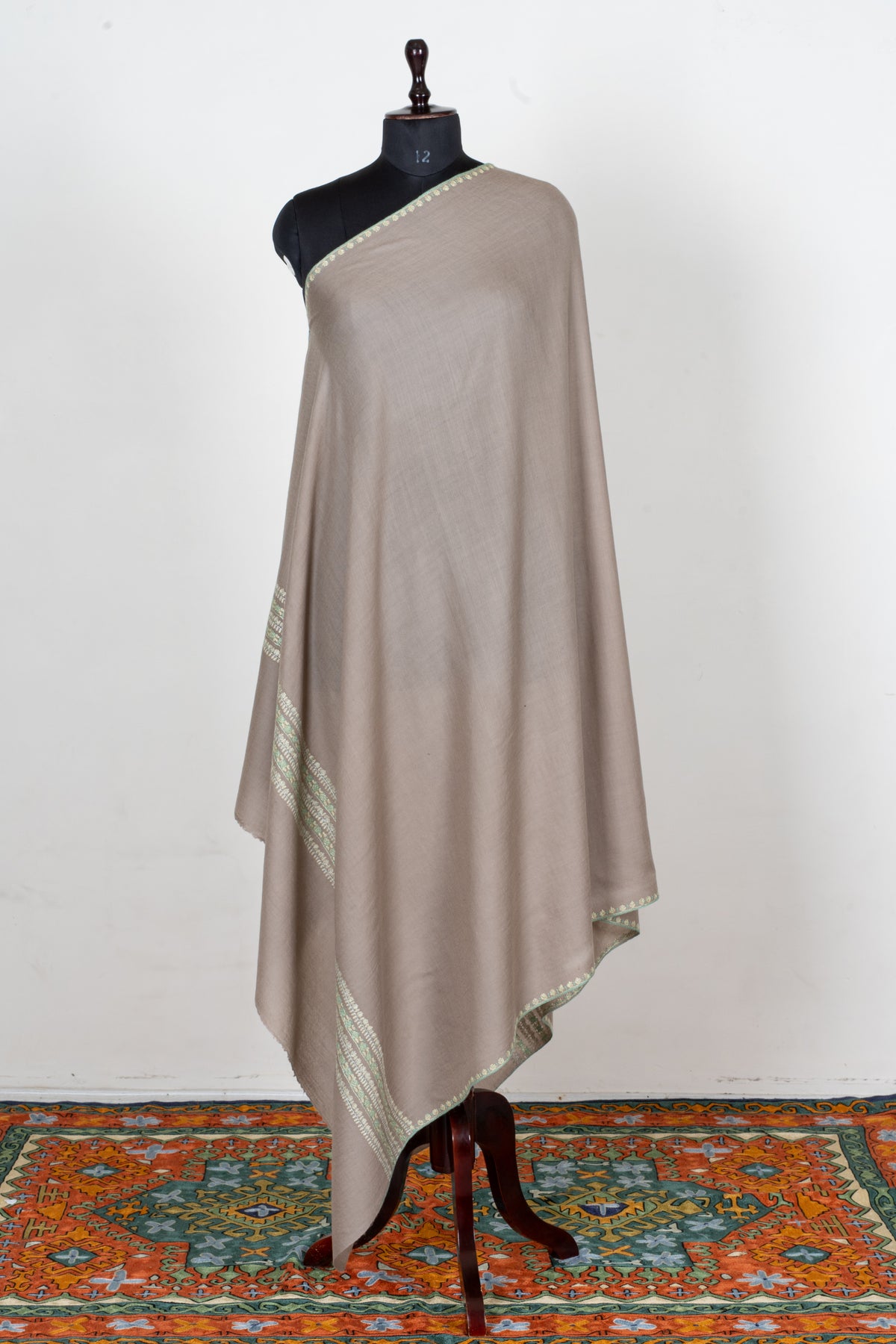 Taupe Elegance Fine Merino Wool Shawl with Mint Green Sozni Hand Embroidered Stripes