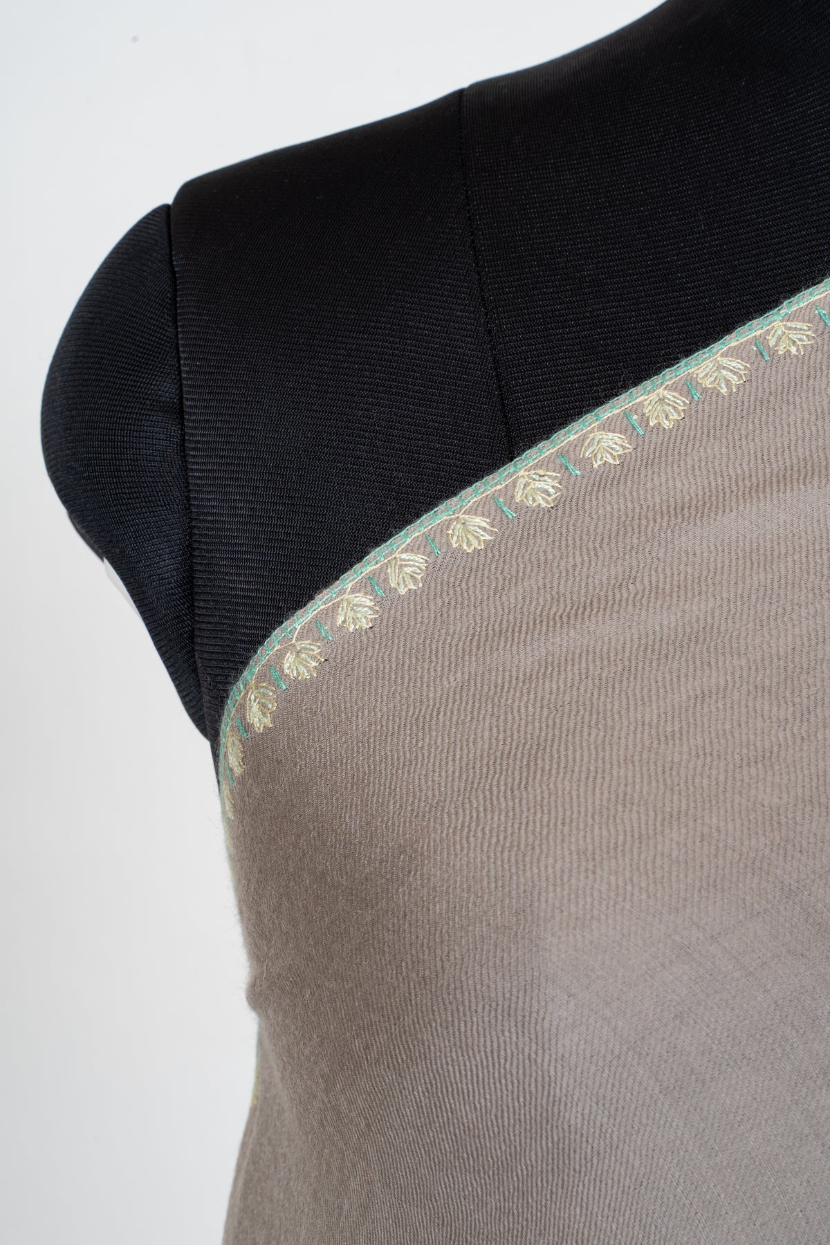 Taupe Elegance Fine Merino Wool Shawl with Mint Green Sozni Hand Embroidered Stripes