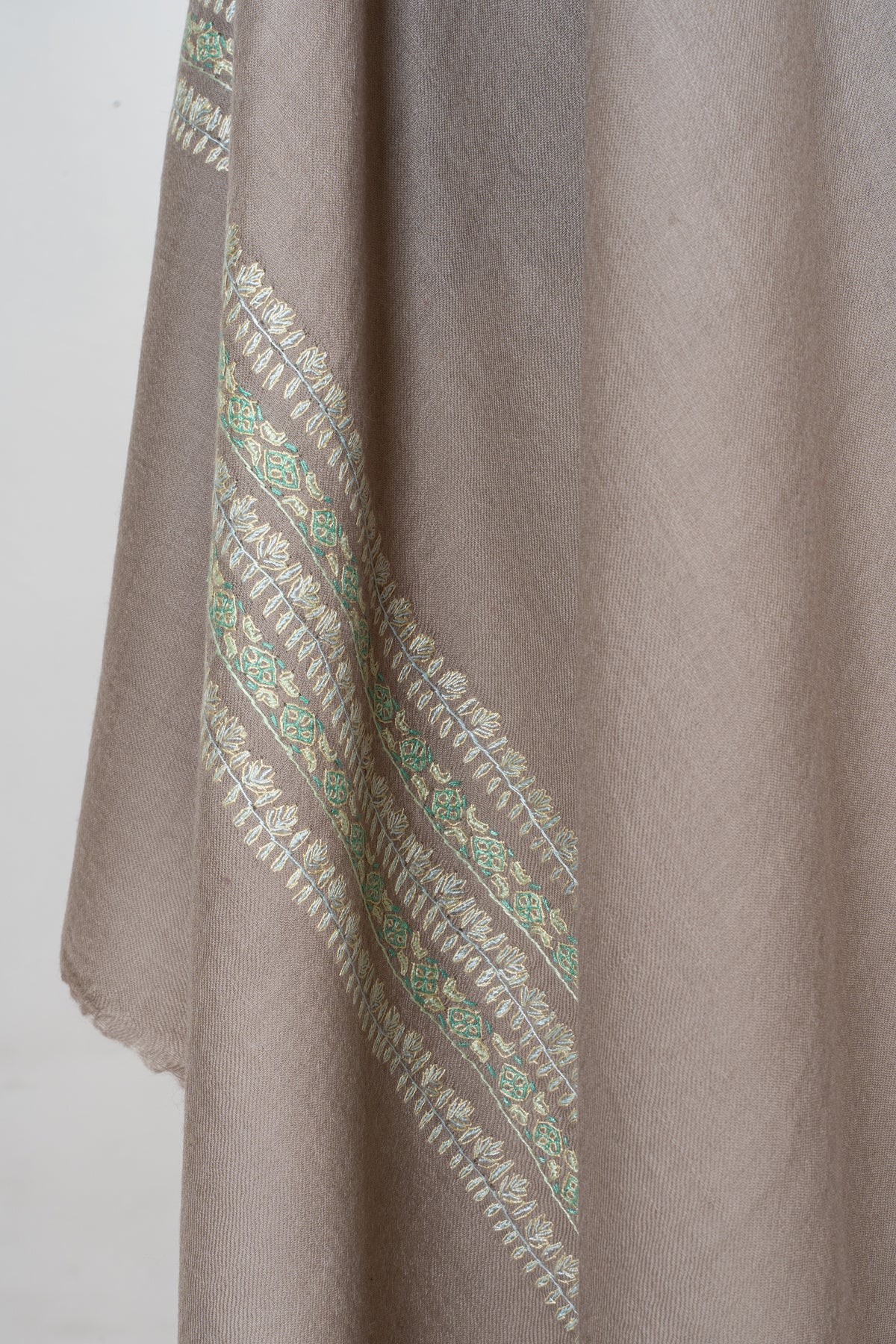 Taupe Elegance Fine Merino Wool Shawl with Mint Green Sozni Hand Embroidered Stripes
