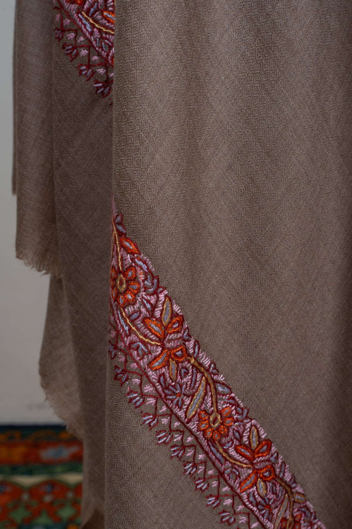 Sandstone Ember Edge: Merino wool 2.5 Yards Sozni Hand Embroidered Shawl