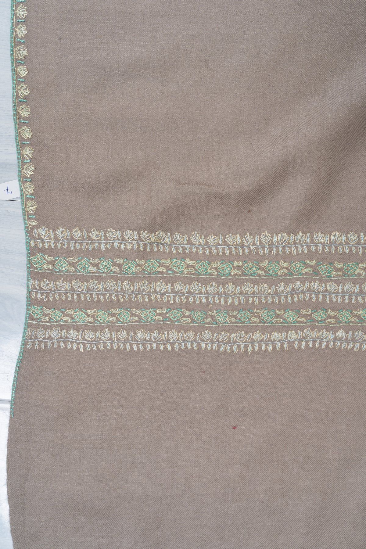 Taupe Elegance Fine Merino Wool Shawl with Mint Green Sozni Hand Embroidered Stripes