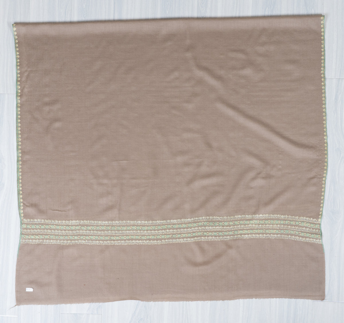 Taupe Elegance Fine Merino Wool Shawl with Mint Green Sozni Hand Embroidered Stripes