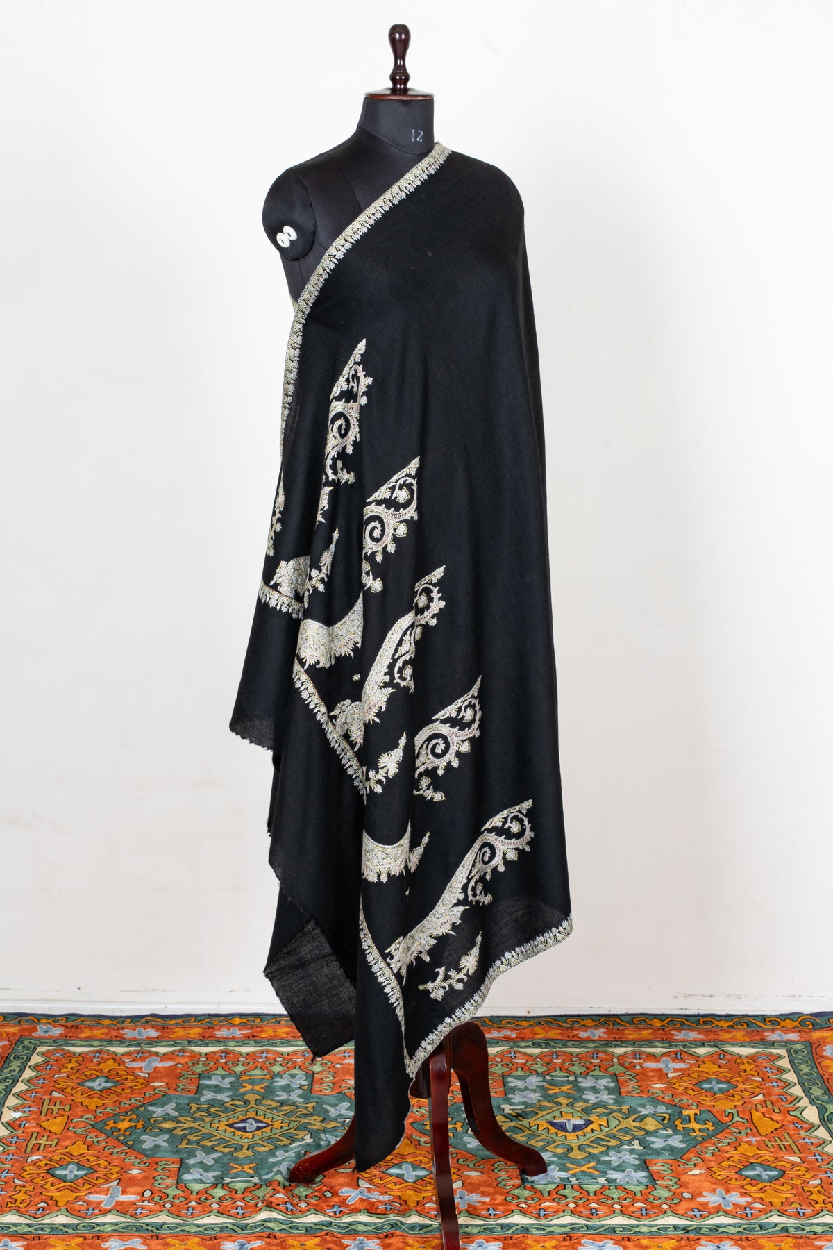 Ivory Moonlight Fine Merino Wool Shawl with Sozni Hand Embroidered Ornamental Paisleys